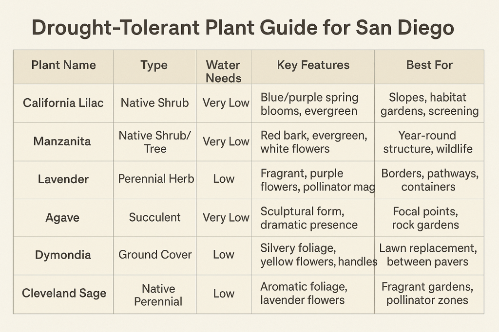 A drought tolerant plant guide for San Diego, showing the water needs and best features for California lilac, Manzanita, Lavender, Agave, Dymondia, and Cleveland Sage