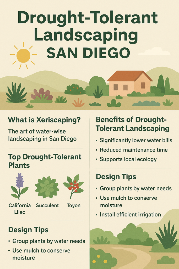 Infographic breaking down xeriscaping, benefits of drougt-tolerant landscaping, top California-native plants, and design tips.