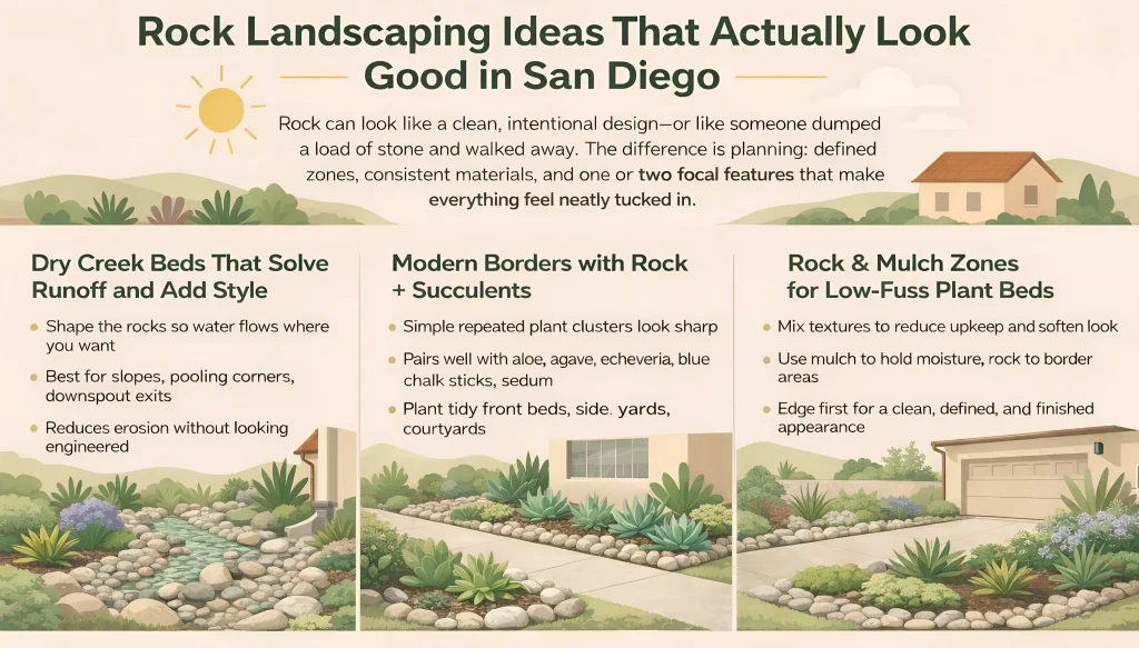 Infographic of three San Diego rock landscaping ideas: dry creek beds for runoff, modern rock-and-succulent borders, and rock-and-mulch zones for low-maintenance plant beds