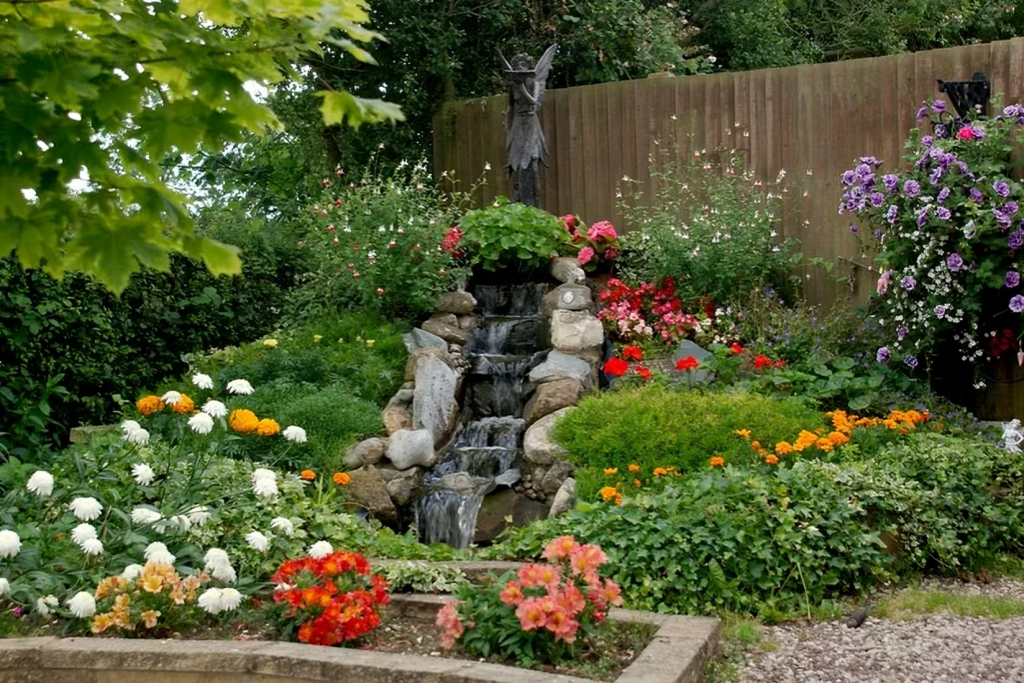 Backyard garden feature with a waterfall