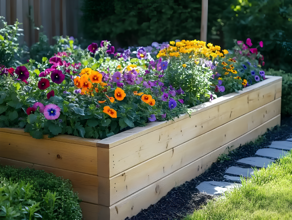 A raised garden bed with variously colored blooming flowers