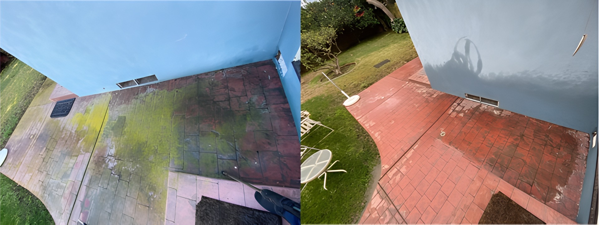 Before-and-after view of a San Diego patio cleaned with professional power washing.